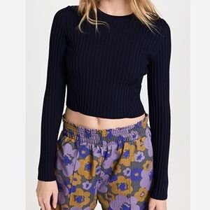 Jason Wu Ribbed Knit Wool Cropped Crew Neck Sweater Top Slim Fit Navy Size Large